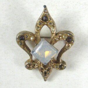 Vintage Fleur De Lis Brooch Opalescent Glass Faux Pearls WORN MISSING